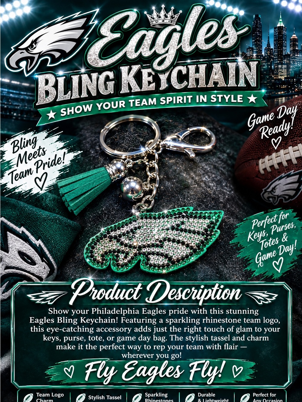 Green Crystal Embellished Keychain Charm with Tassel